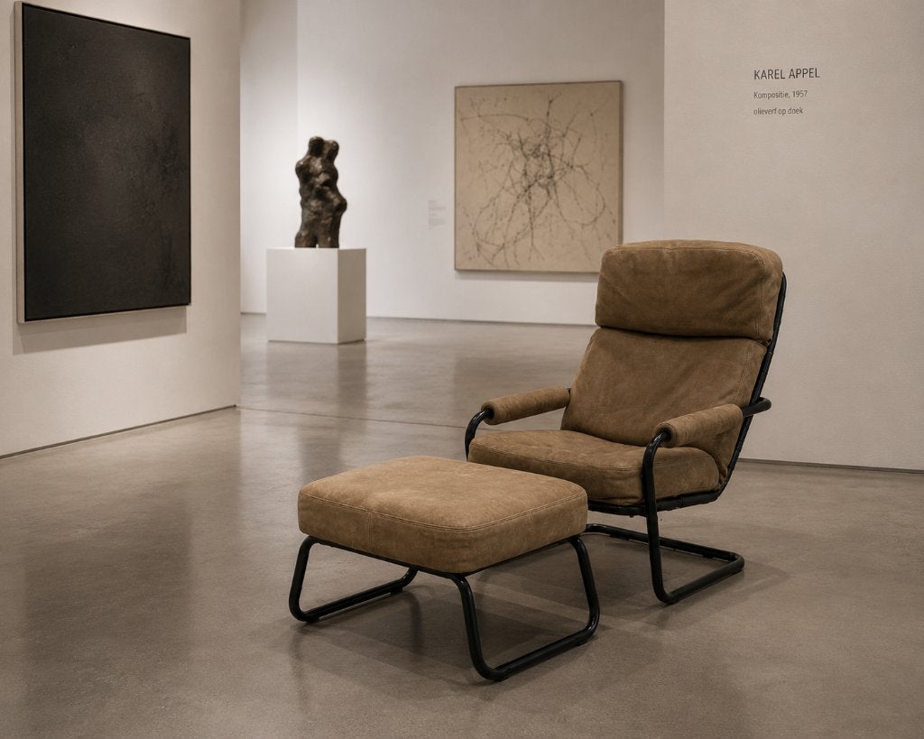 Jan de Bouvrie meneer Obermann fauteuil met hocker, Ophalen, Gebruikt, Mid century Modern Vintage Industrieel, 75 tot 100 cm