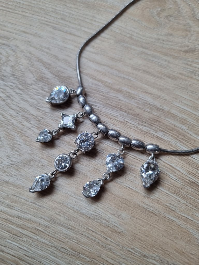 Vintage zilveren ketting FBM + hangers met steentjes, Met kristal, Gebruikt, Ophalen of Verzenden, Zilver