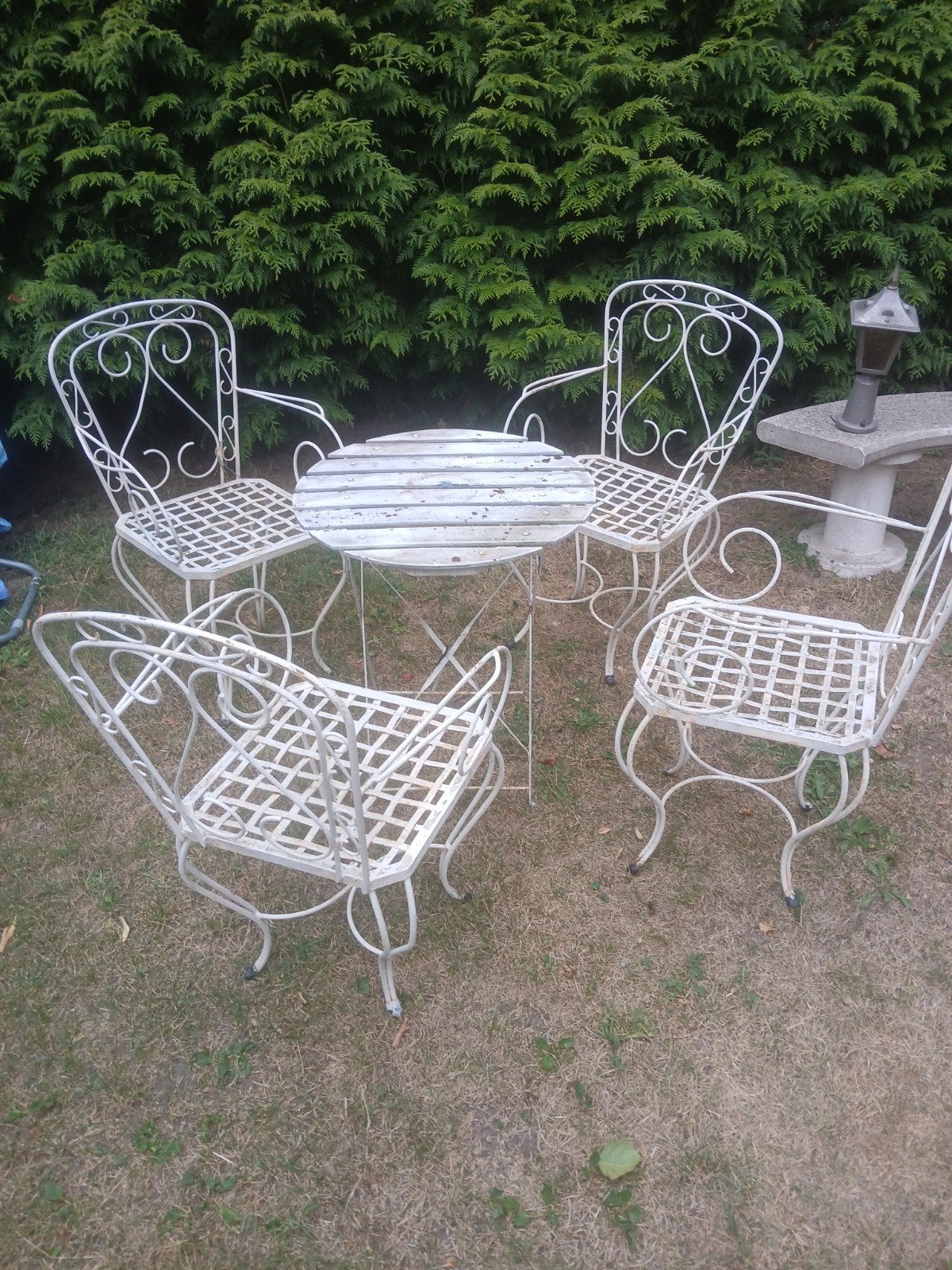 Vintage Witte Metalen Tuinset - 4 Stoelen en Tafel, Ophalen, Gebruikt, Tuinset, Eettafel