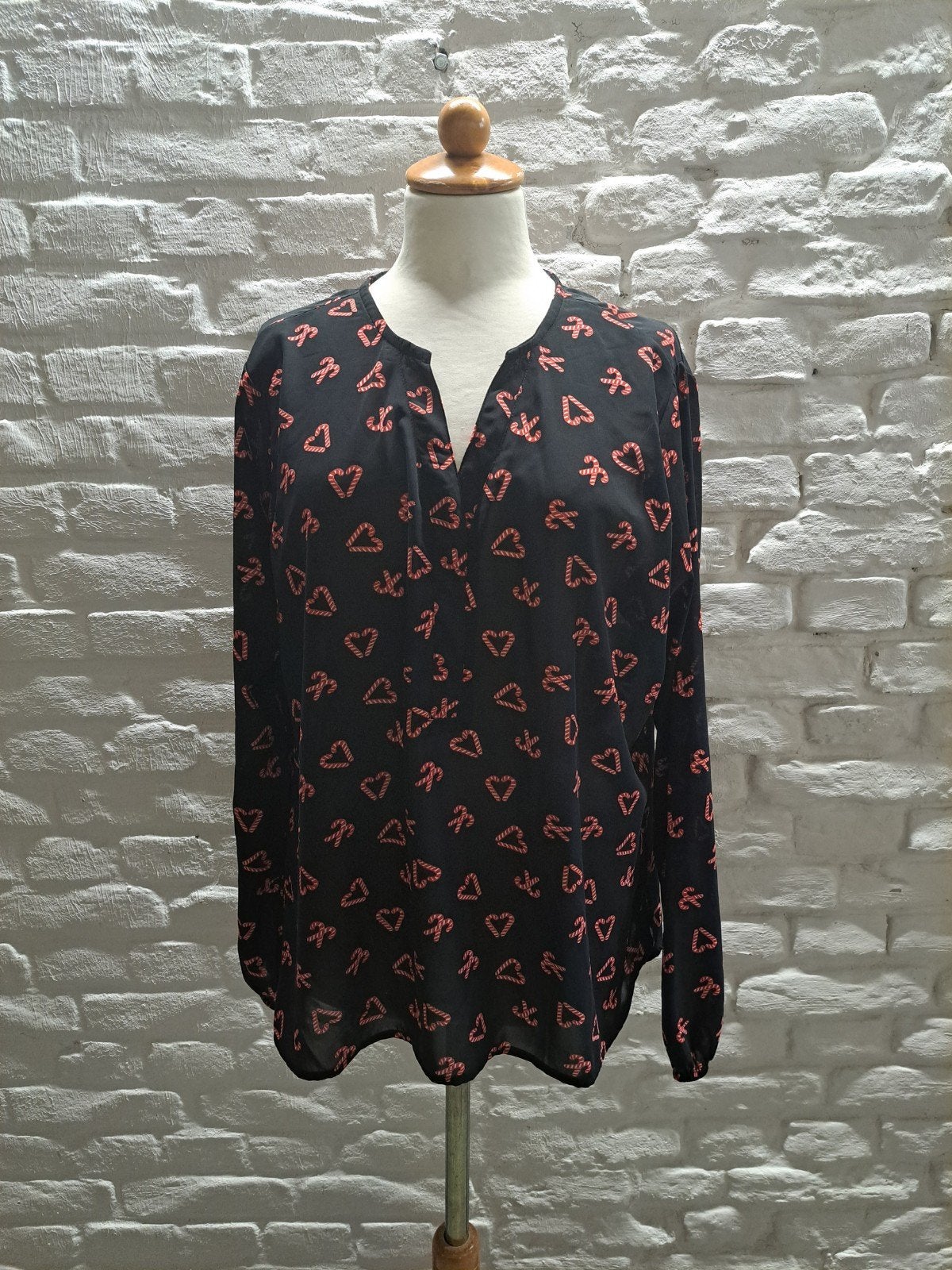 John Cabot blouse met hartjesprint - Maat 42, Verzenden, Zwart, Maat 42/44 (L), Zo goed als nieuw