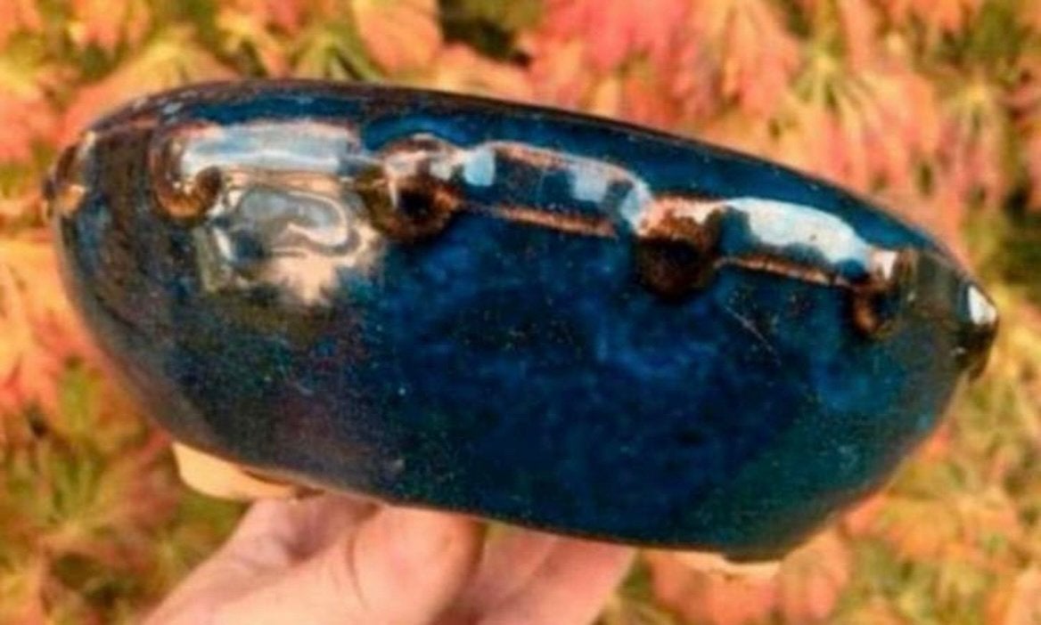 Bonsai schaal rond blauw-bruin geglazuurd aardewerk 19,6x6,6, Tuin en Terras, Bloempotten, Rond, Ophalen of Verzenden, Zo goed als nieuw