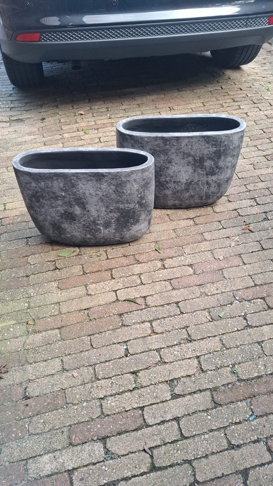 Set van 2 ovale bloembakken, grijs betonlook, Tuin en Terras, Ophalen, Gebruikt, Minder dan 60 cm, Binnen