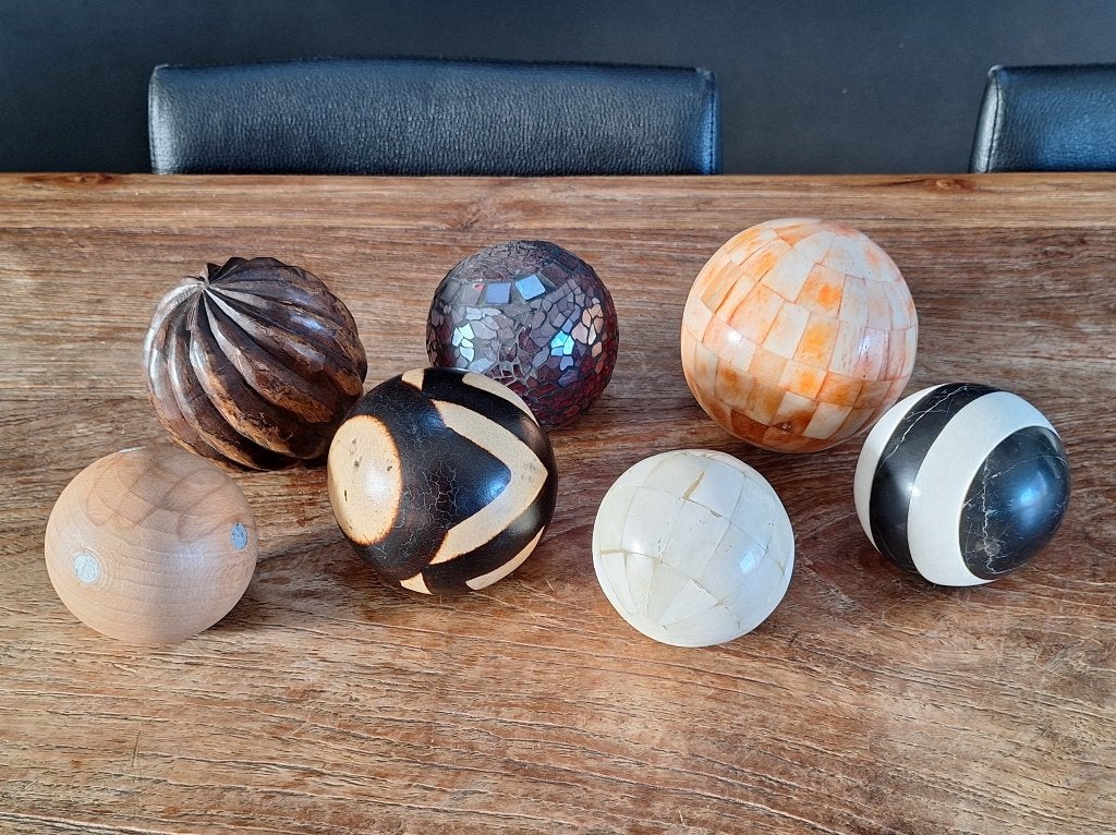 lot 7 decoratieve tafel tapijt-ballen natuursteen hoorn hout, Ophalen of Verzenden, Gebruikt, Meerkleurig, Vintage