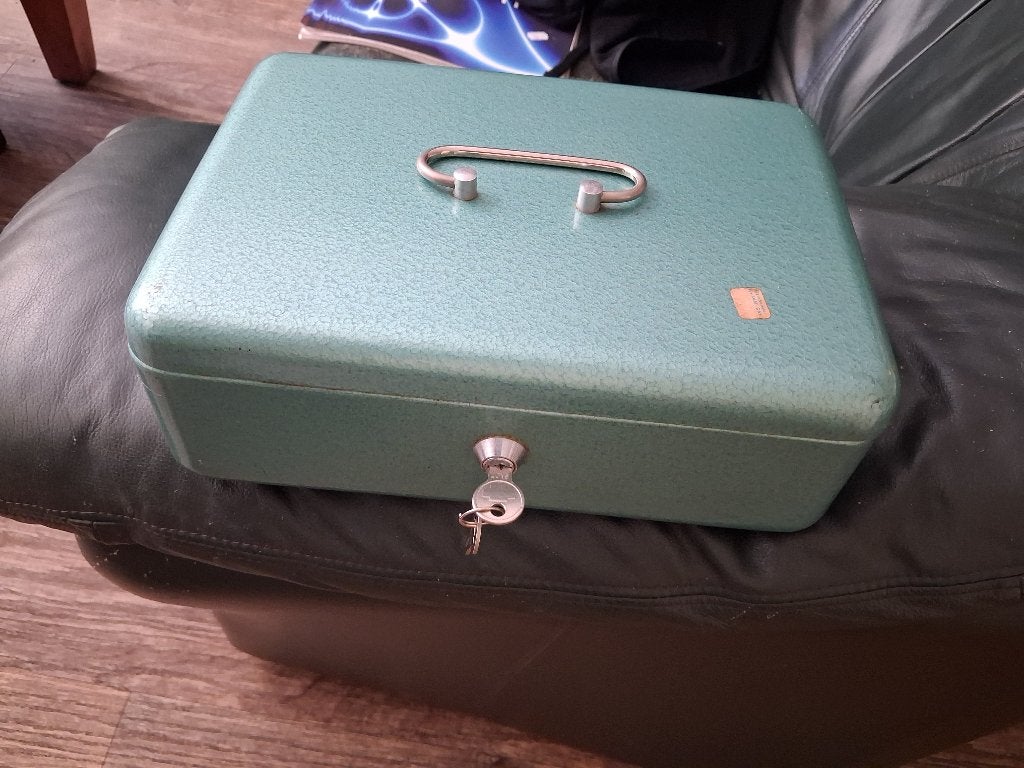 Vintage metalen geldkist Van der Dijk Oss – jaren 50/60, Antiek en Kunst, Ophalen of Verzenden