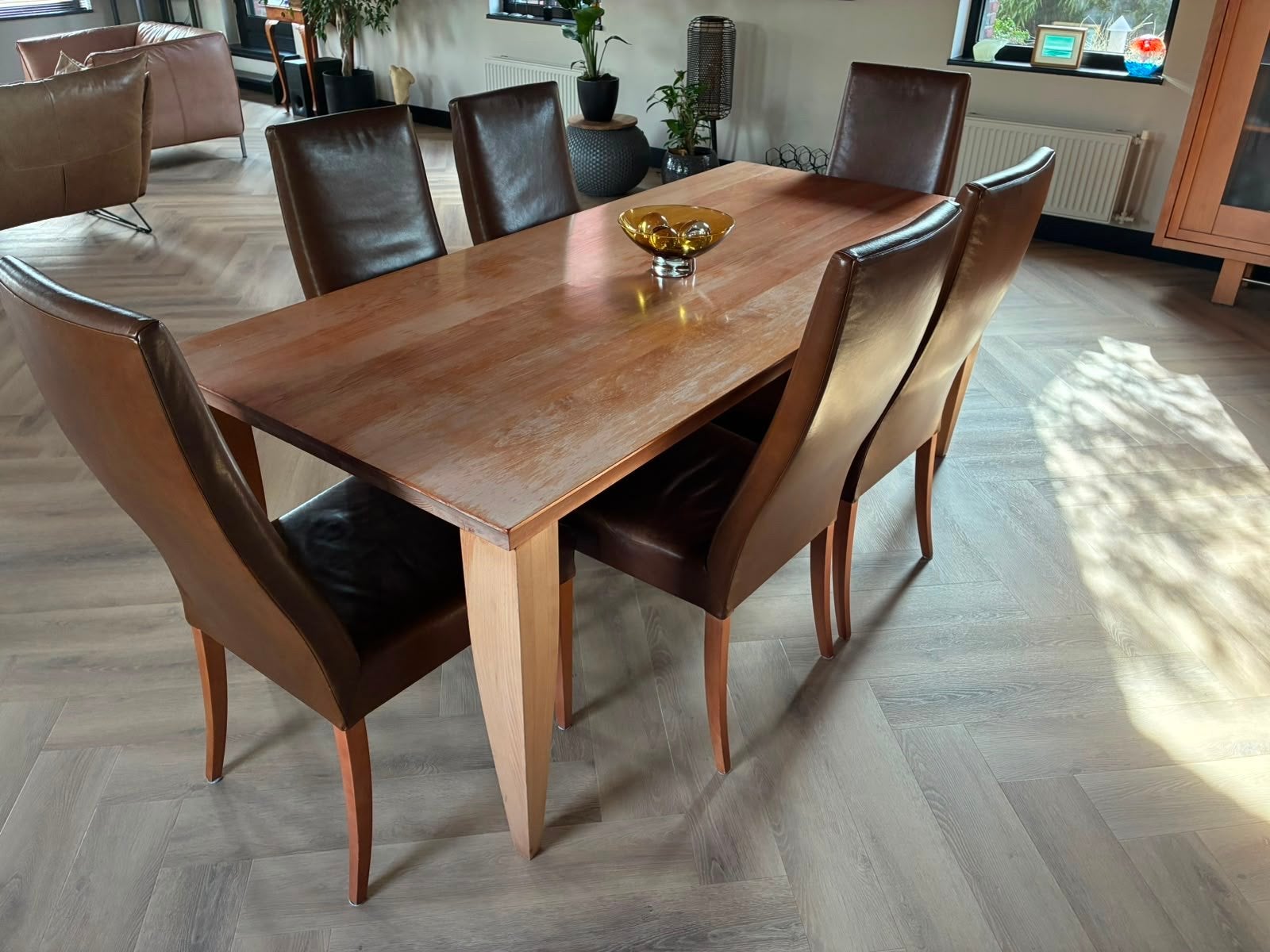 Houten eettafel met 6  stoelen Jan de Bouvrie, Huis en Inrichting, Tafels | Eettafels, Ophalen, Gebruikt, 50 tot 100 cm, 150 tot 200 cm