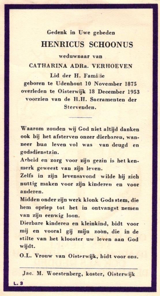 Schoonus Henricus Udenhout 1875-1953 Oisterwijk, Ophalen of Verzenden