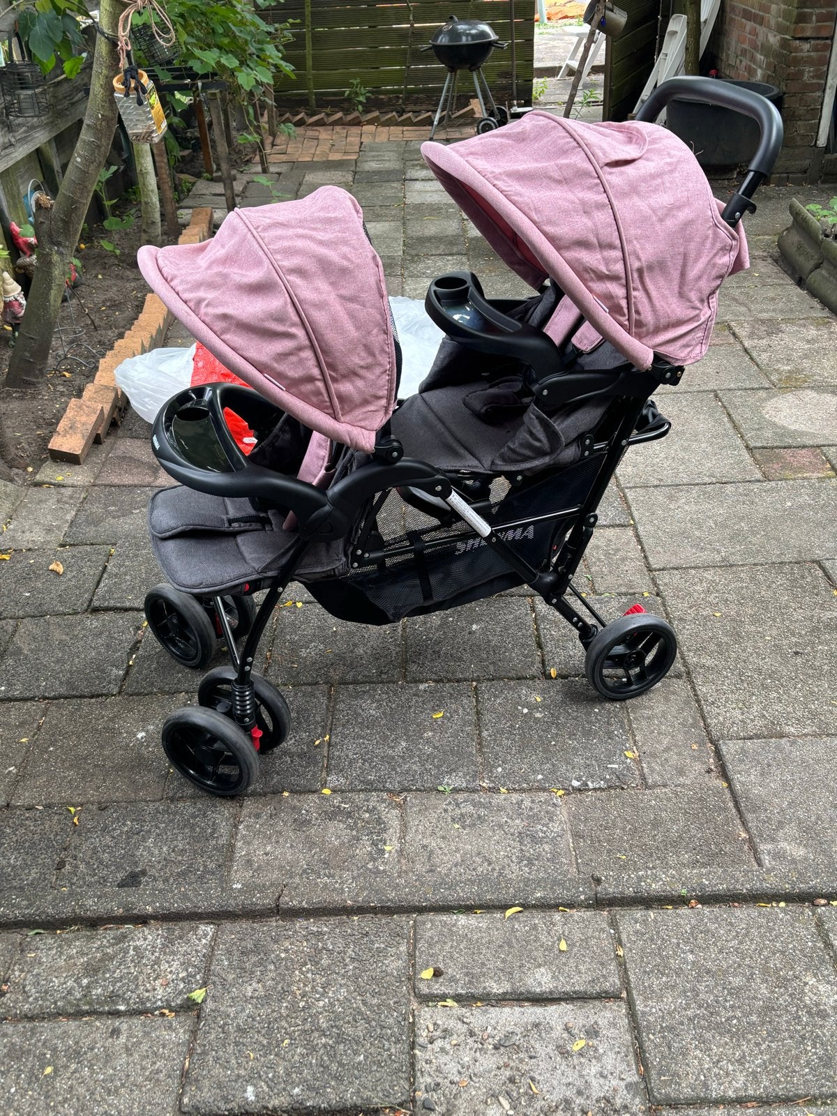 Roze duowagen/tweeling kinderwagen, Gebruikt, Duowagen, Ophalen of Verzenden, Kinderwagen