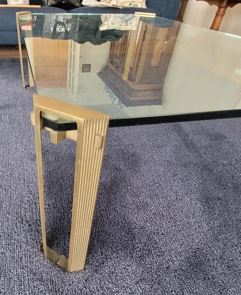 salontafel - glazen blad met messing/koperen poten, Huis en Inrichting, Tafels | Salontafels, Ophalen, Gebruikt, 100 tot 150 cm