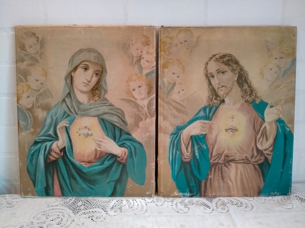 Oude religieuze afbeeldingen H. Hart, Maria en Jezus, Antiek en Kunst, Antiek | Religie, Ophalen of Verzenden