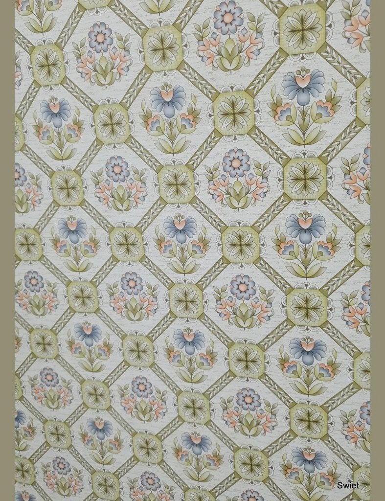 13947 retro behang bloemen ruit pastel seventies stijl swiet, Ophalen of Verzenden, Blauw