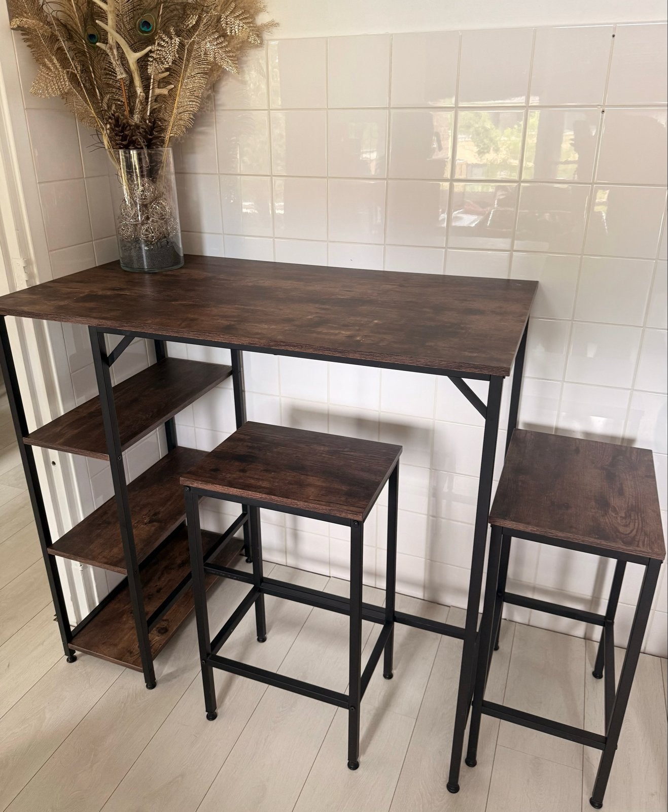 Bartafel met 2 krukken en opbergrek - Industrieel design, Ophalen, Gebruikt, 100 tot 150 cm, Tot twee personen