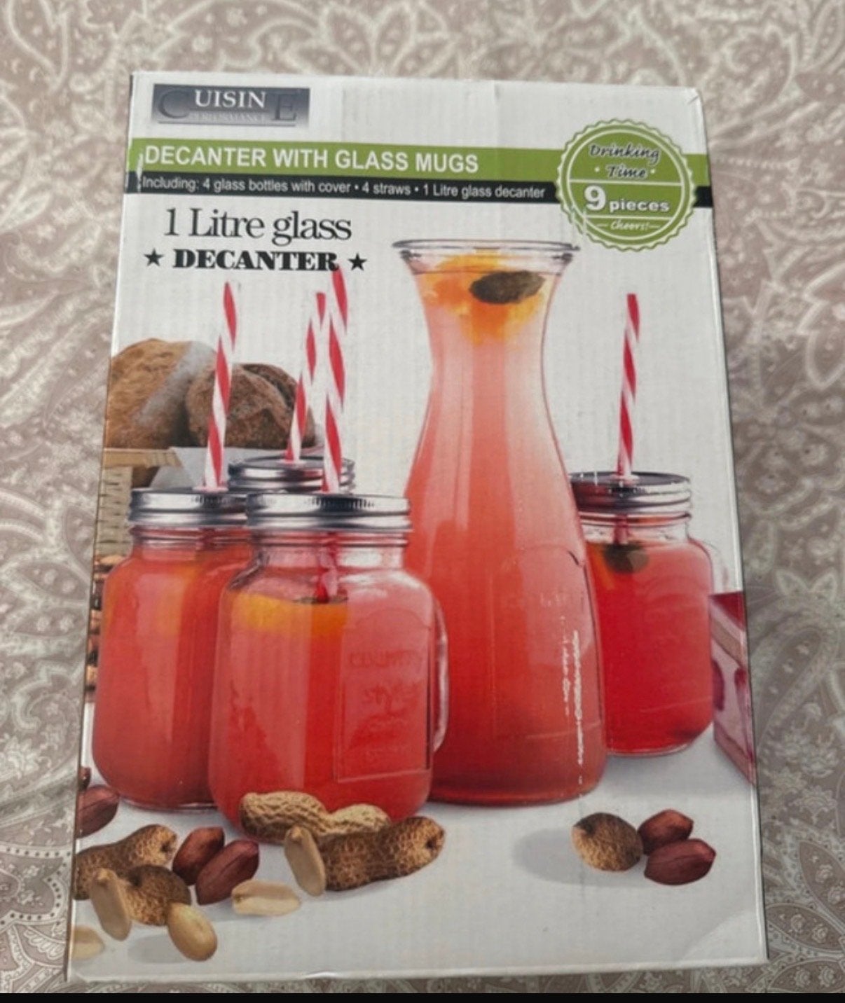 Decanteerkan met glazen mokken en rietjes - 9-delig, Ophalen, Nieuw, Overige merken, Glas