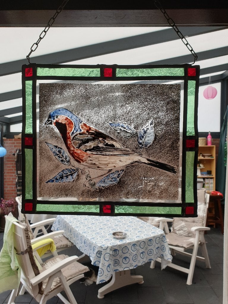 Vink geschilderd op glas, Ophalen of Verzenden, Overige stijlen, Dieren, Overige ondergronden