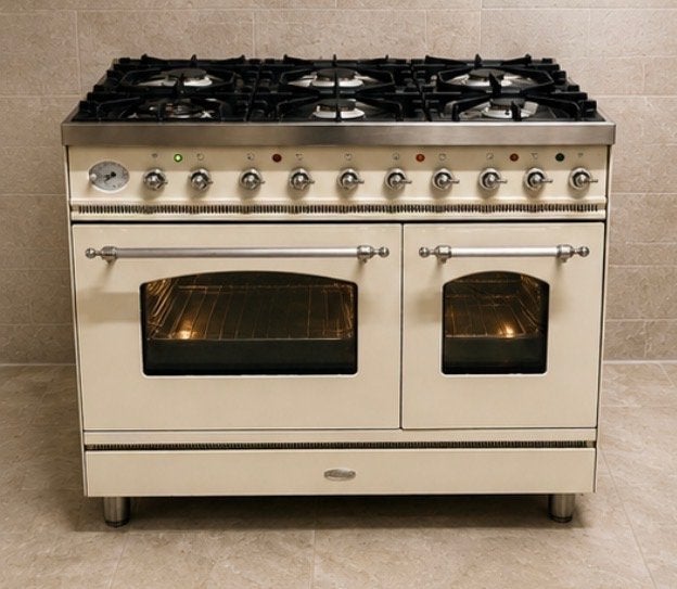 Luxe Vrijstaand Gasfornuis met Dubbele Oven - Crème, Witgoed en Apparatuur, 60 cm of meer, Zo goed als nieuw, Gas, Vrijstaand