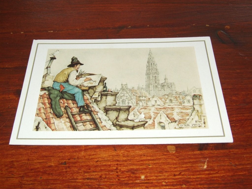 35- Anton Pieck kaart: Kunstenaar op dak, ca. 11,5 x 16,5 cm, 1960 tot 1980, Gebruikt, Verzenden, Prent