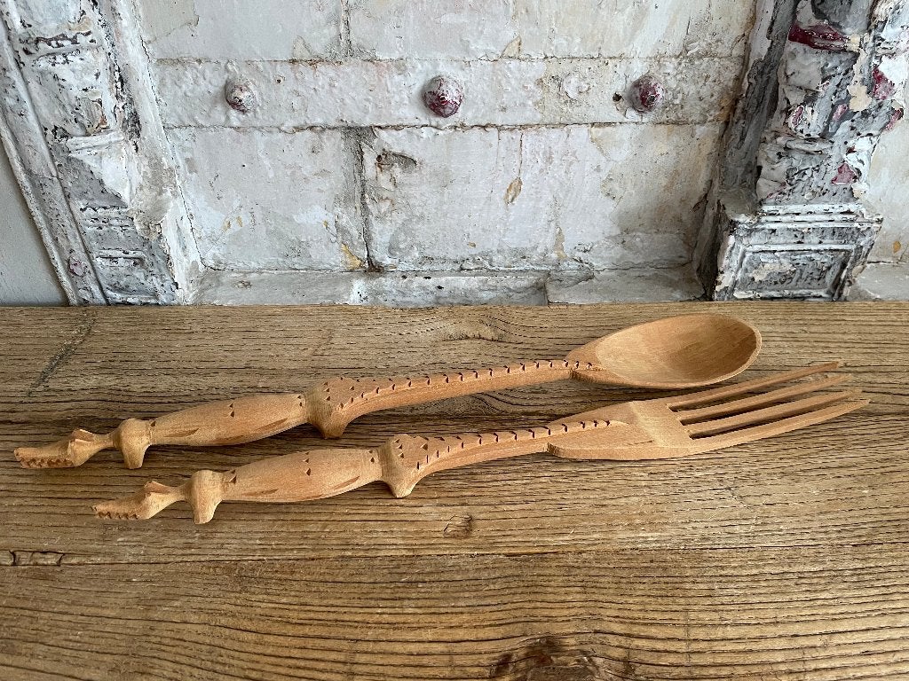 Houten sla couvert - brocante lepels krokodil, Ophalen of Verzenden