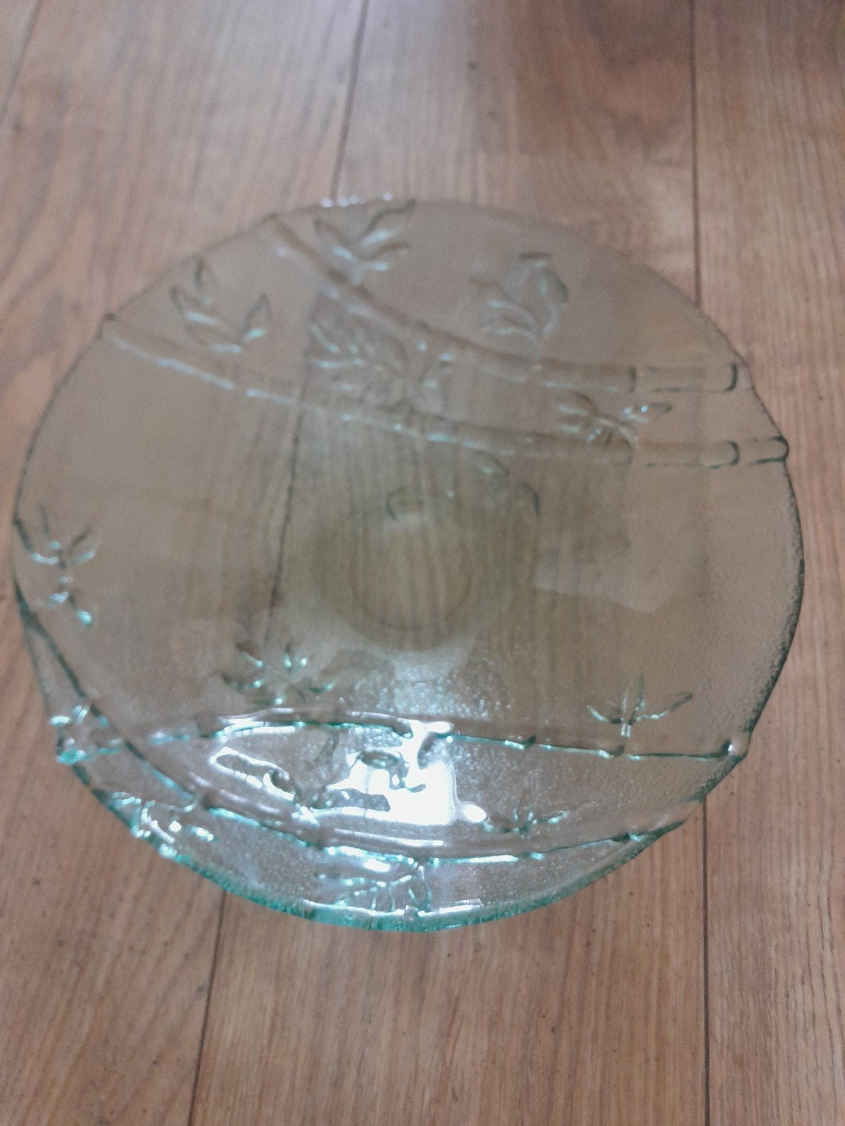 Glazen fruitschaal met bamboe reliëf - 29 cm doorsnede, Ophalen of Verzenden