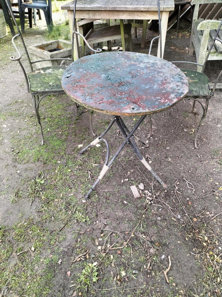 Authentieke landelijk  smeedijzeren gietijzeren  bistro set, Tuin en Terras, Tuintafels, Ophalen, Gebruikt, Rond, Metaal
