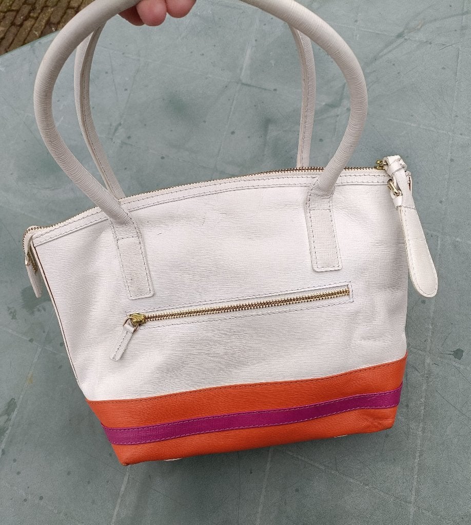 BIJNA GRATIS CRINKLES leren retro tas wit oranje paars (MV25, Ophalen of Verzenden, Gebruikt, Overige kleuren, Handtas