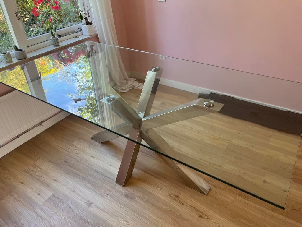 Glazen design eettafel met voet van chroom, Huis en Inrichting, Ophalen, 50 tot 100 cm, Rechthoekig, Glas