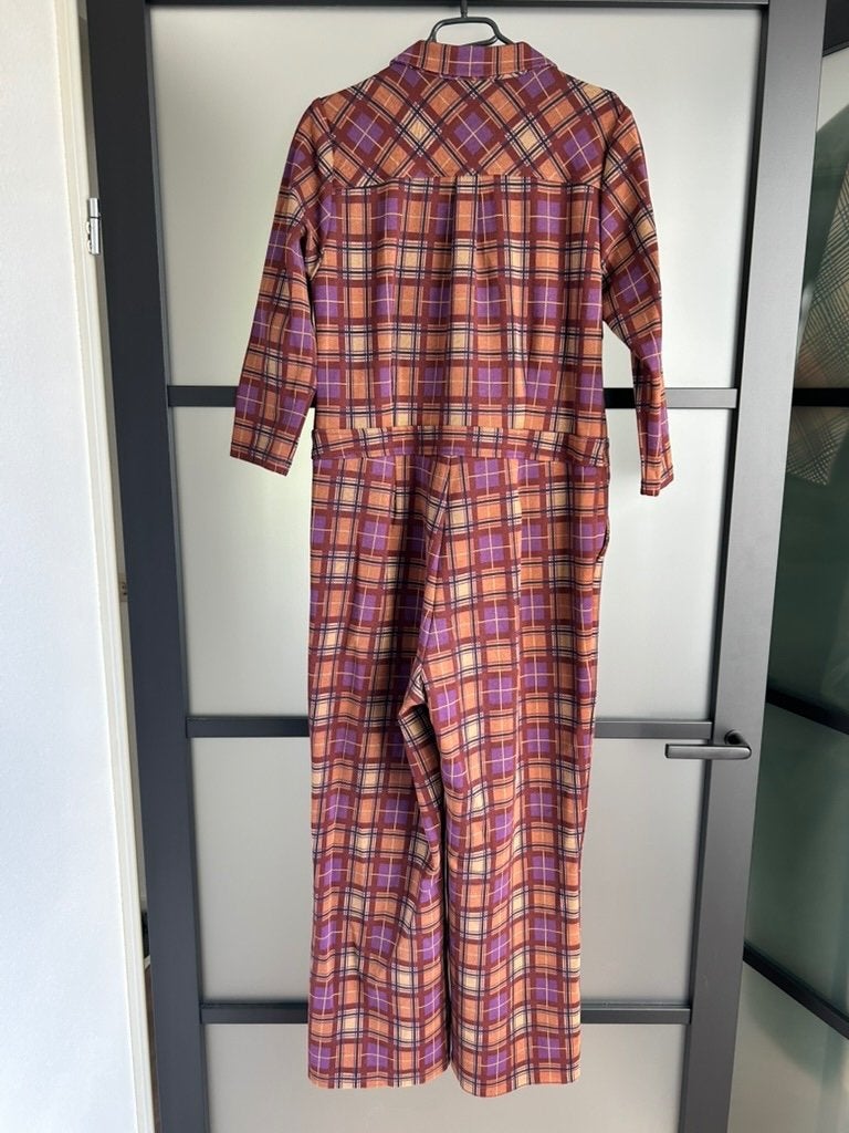 King Louie maat 44 geruite jumpsuit pak 2385, Paars, Maat 42/44 (L), Ophalen of Verzenden, Zo goed als nieuw