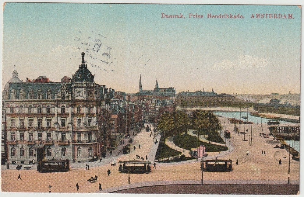 Amsterdam Damrak, Prins Hendrikkade levendig trams # 1915, Verzamelen, Verzenden, Voor 1920, Gelopen, Noord-Holland