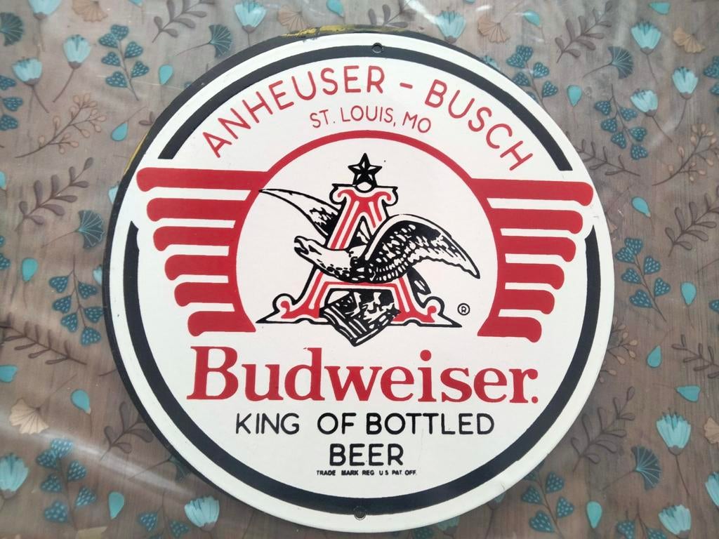 Emaille reclamebord Budweiser bier, Ophalen of Verzenden, Gebruikt, Reclamebord