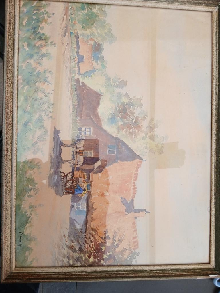 Aquarel A. Verbeek - Boerderij met kar, Antiek en Kunst, Ophalen of Verzenden
