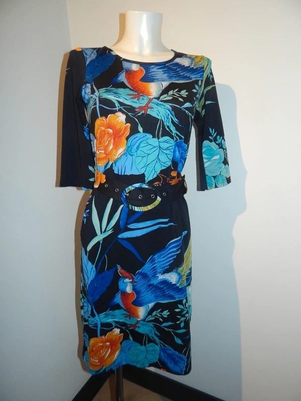 King Louie stretch jurk vogels bloemen pracht kleuren s, Maat 38/40 (M), Verzenden, Zwart, Zo goed als nieuw