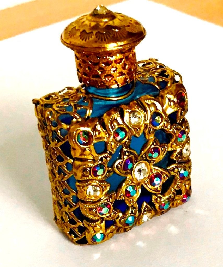 Vintage Tsjechische kobaltblauwe glazen parfumfles Aurora, Antiek en Kunst, Verzenden