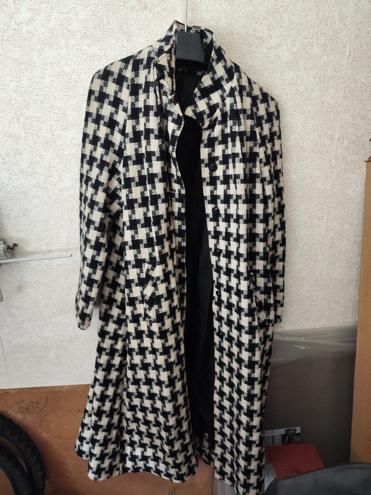 Zwart-witte vintage houndstooth wollen jas, Ophalen of Verzenden, Gedragen, Maat 38/40 (M), Zwart