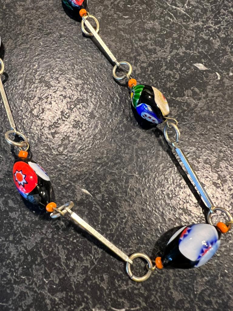 Millefiori Murano ketting met zilverkleurige schakels, Sieraden, Tassen en Uiterlijk, Kettingen, Ophalen of Verzenden, Zo goed als nieuw