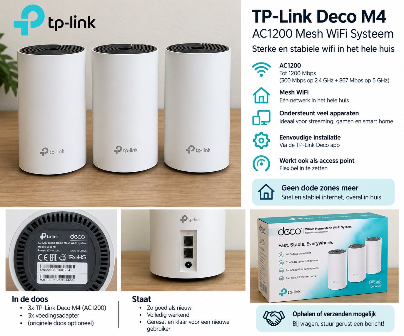 TP-Link Deco M4 AC1200 – 3-pack Mesh WiFi, Ophalen of Verzenden, Zo goed als nieuw