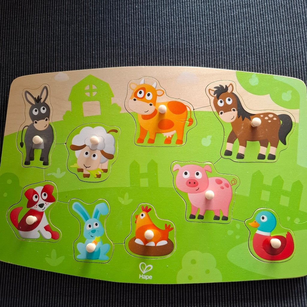 HAPE knoppuzzel hout dieren, Ophalen of Verzenden, Minder dan 10 stukjes, Zo goed als nieuw, 2 tot 4 jaar