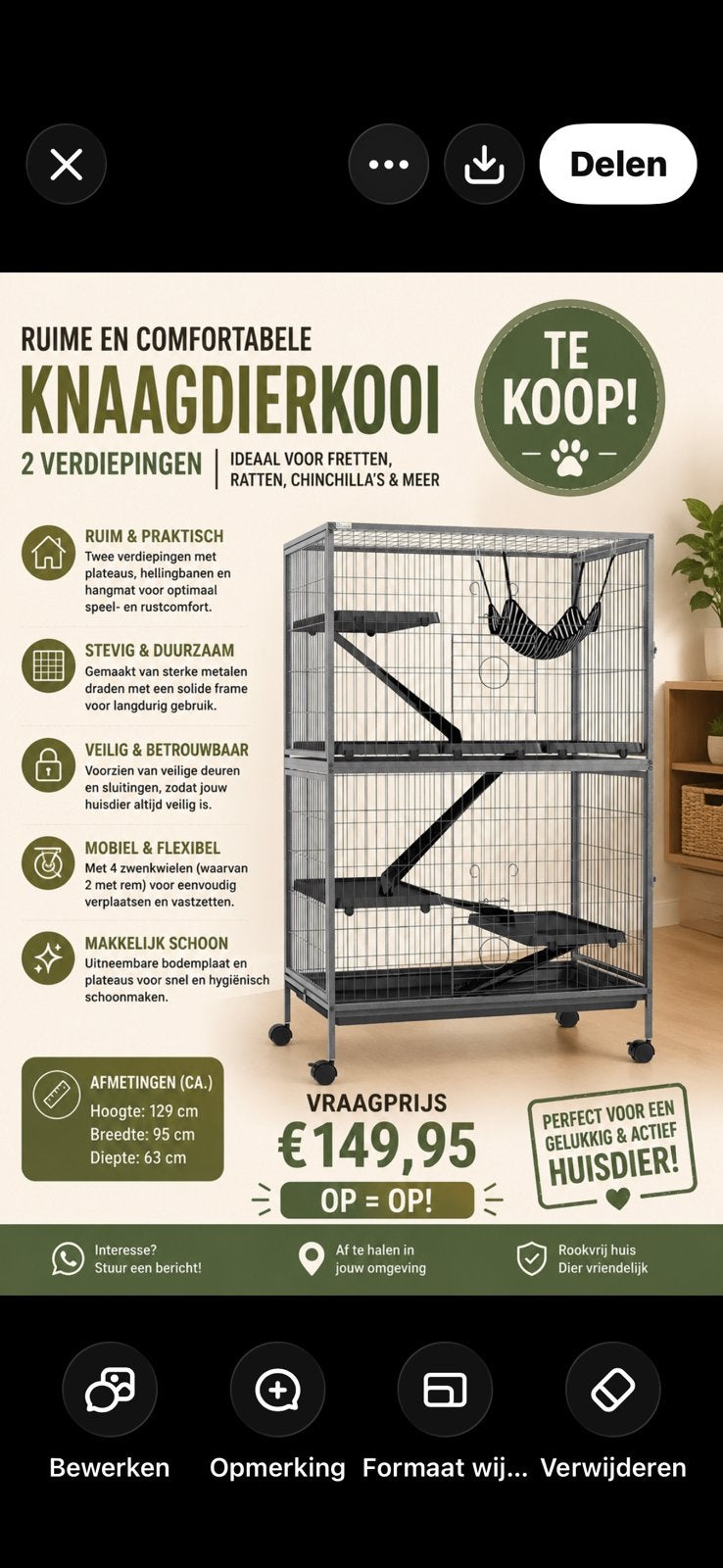 Te koop knaagdieren kooi!, Kooi, 110 cm of meer, Zo goed als nieuw, Ophalen