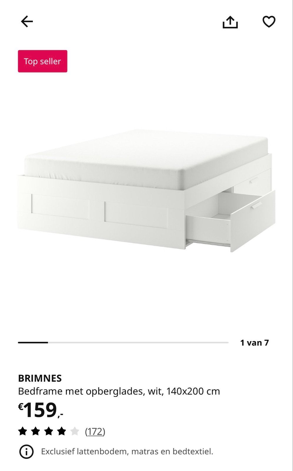 IKEA Brimnes bed 140x200 cm met lattenbodem, Ophalen, Wit, Tweepersoons, 140 cm