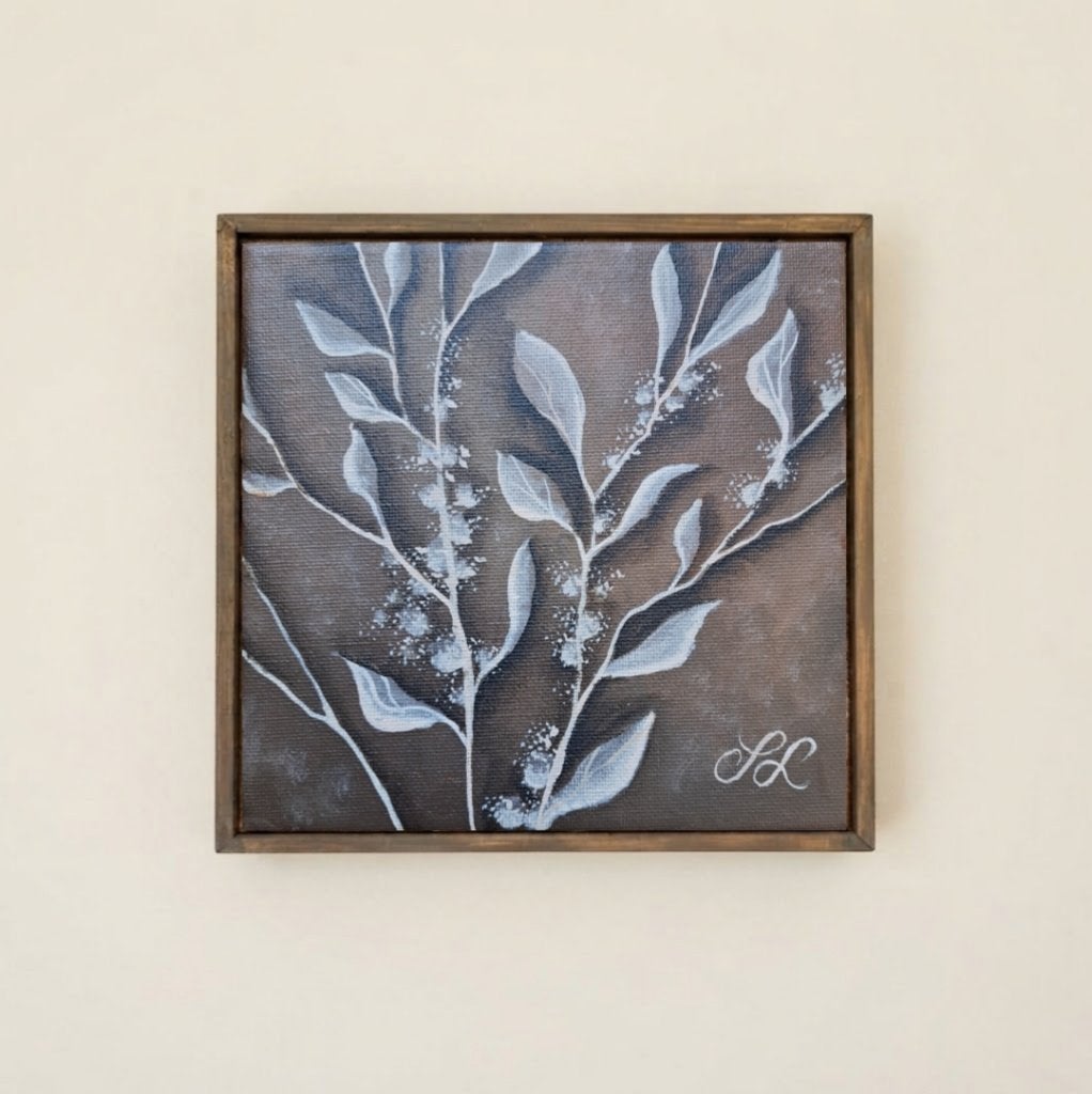 Hand-Painted Botanical Canvas Art (17x17cm), Bloemen, Acrylverf, Gesigneerd, Vintage