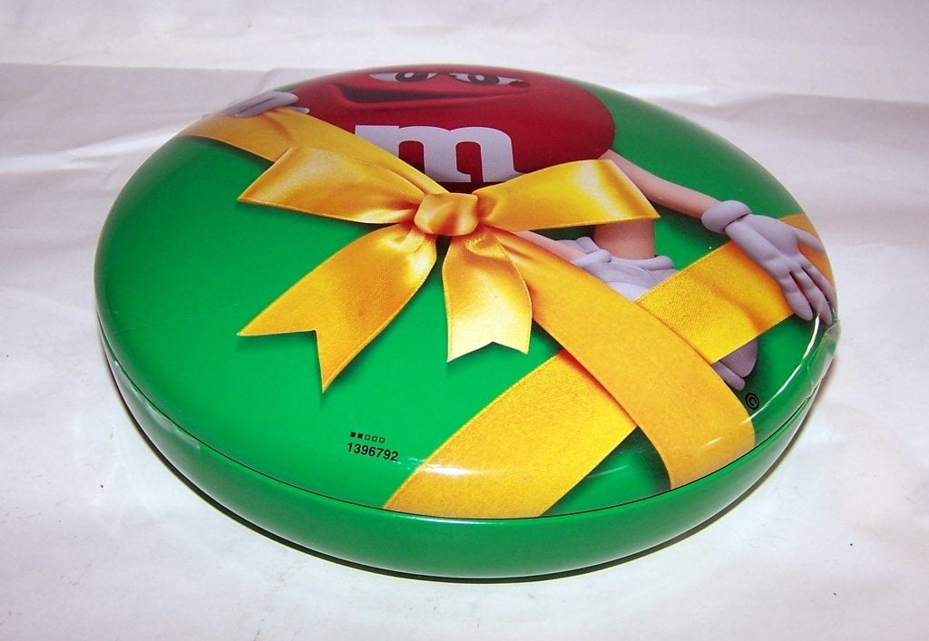 M&M's blik groen met strik - Leeg. Nwst., Ophalen of Verzenden, Zo goed als nieuw, Koek(jes), Overige merken