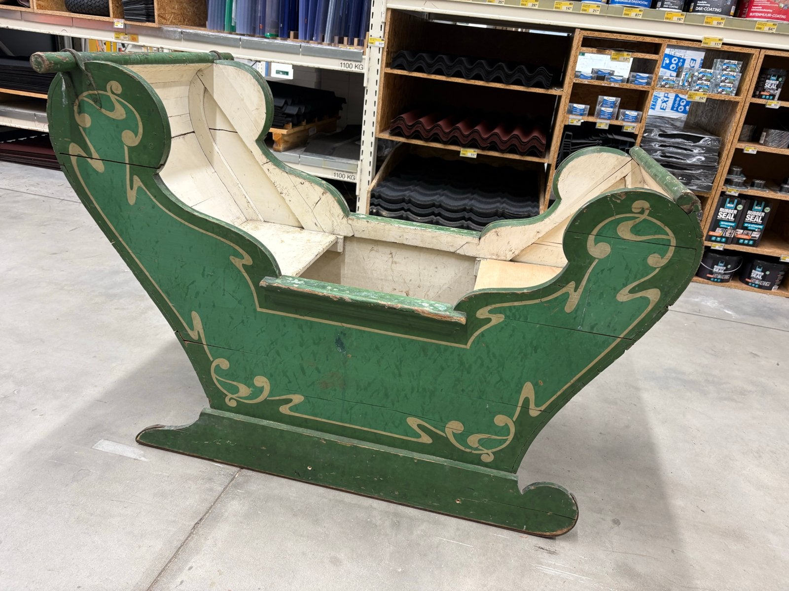 Antieke houten slee - Groen met decoratieve details, Ophalen, Gebruikt, Hout