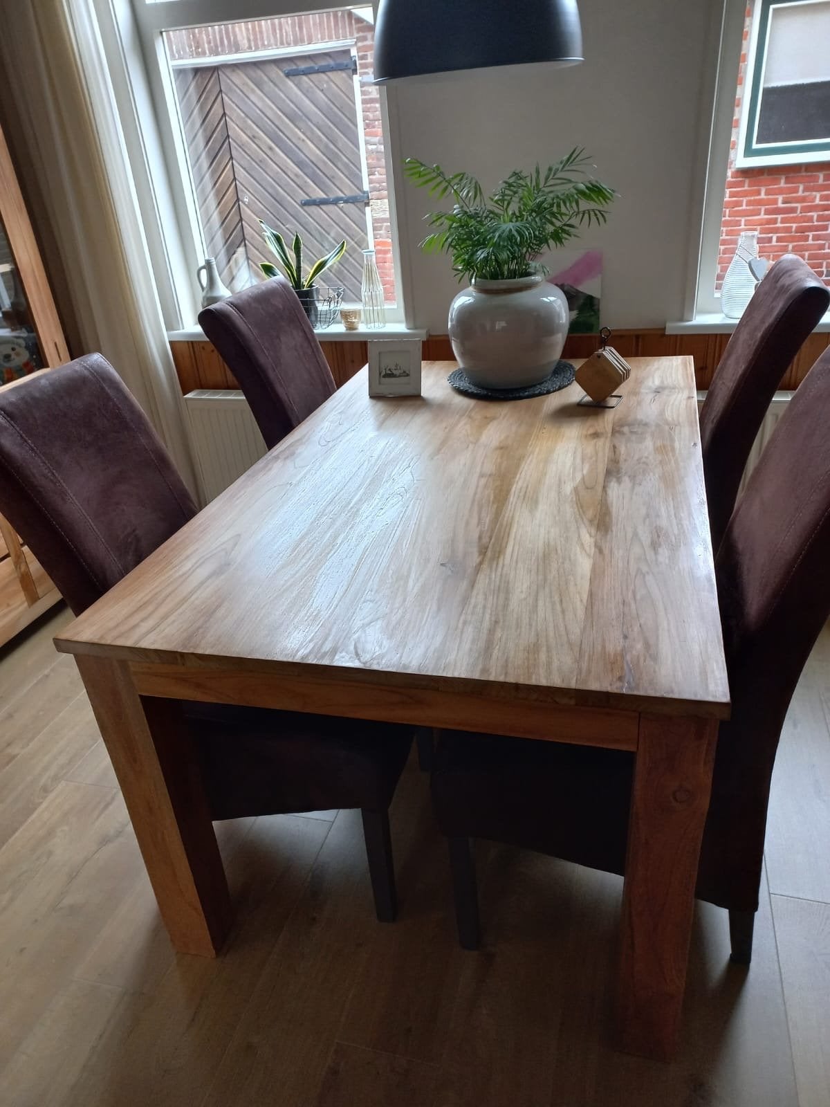 Eettafel met 4 stoelen - Massief hout en bruin stof, Huis en Inrichting, Ophalen, Gebruikt, 100 tot 150 cm, 50 tot 100 cm