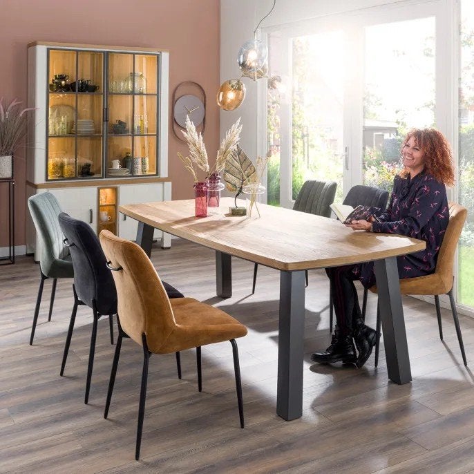 Eiken eettafel Happy@home 160x105 cm met antraciet poten, Ophalen, Gebruikt, 100 tot 150 cm, Modern, Industrieel