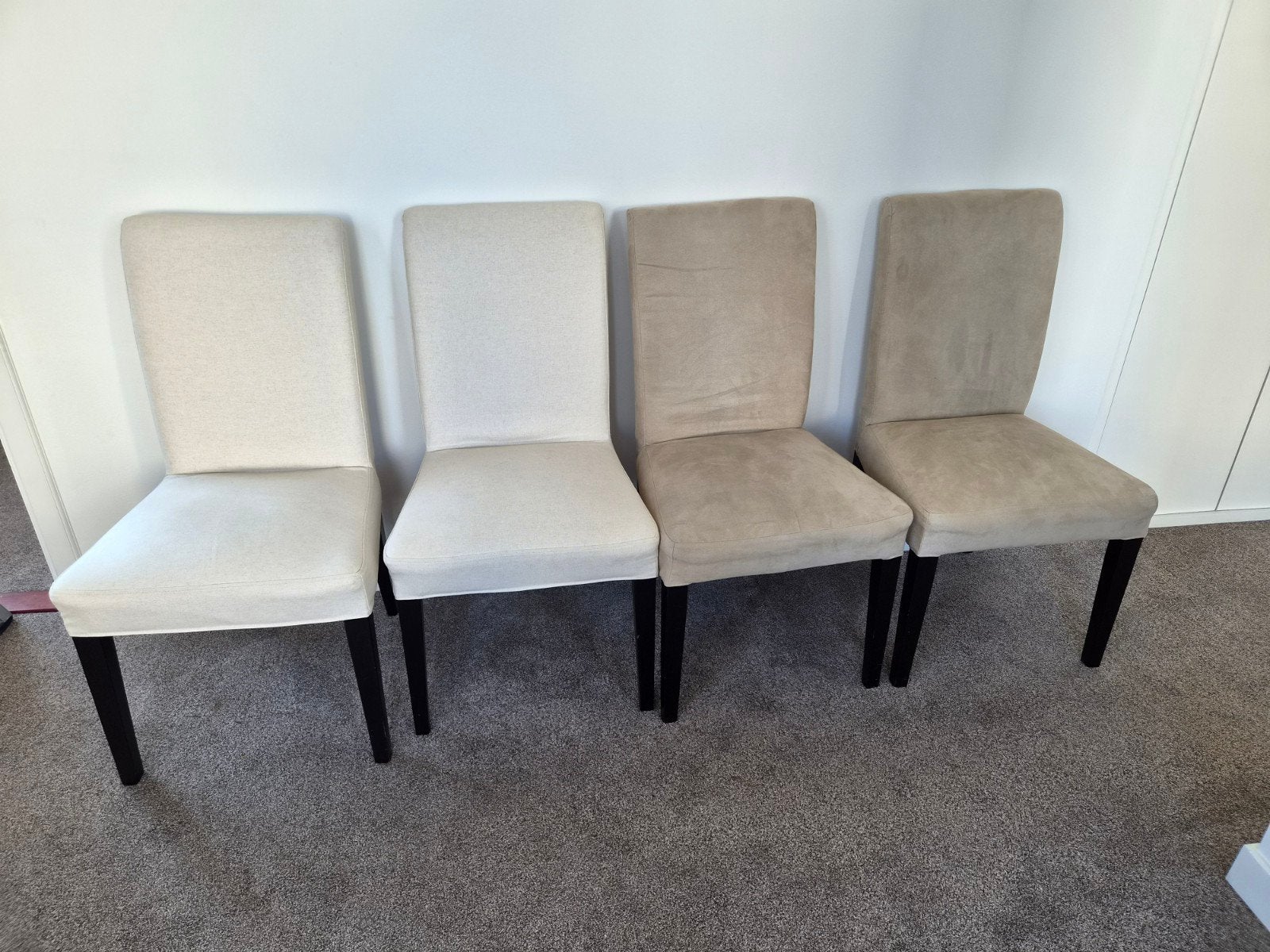 Set van 4 eetkamerstoelen - beige/crème stof, Ophalen, Gebruikt, Overige kleuren, Vier