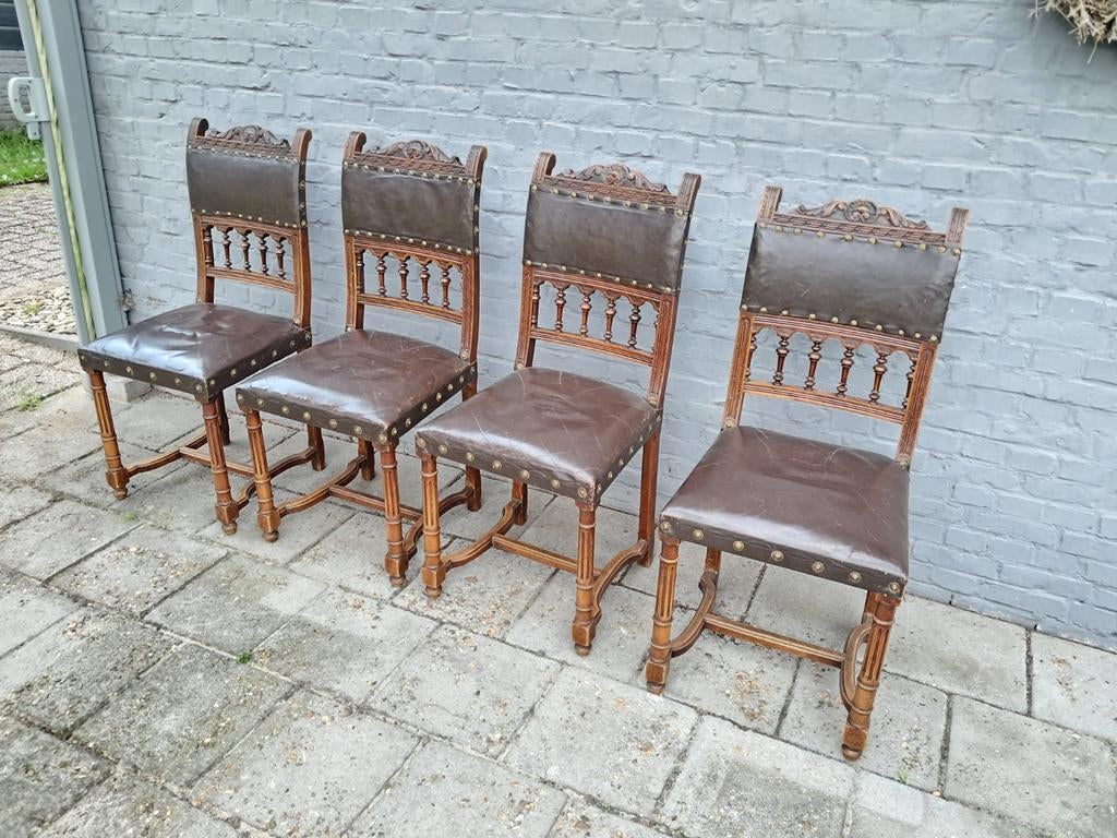 Set van 4 antieke Spaanse stoelen met leer, Antiek en Kunst, Antiek | Meubels | Stoelen en Banken, Ophalen