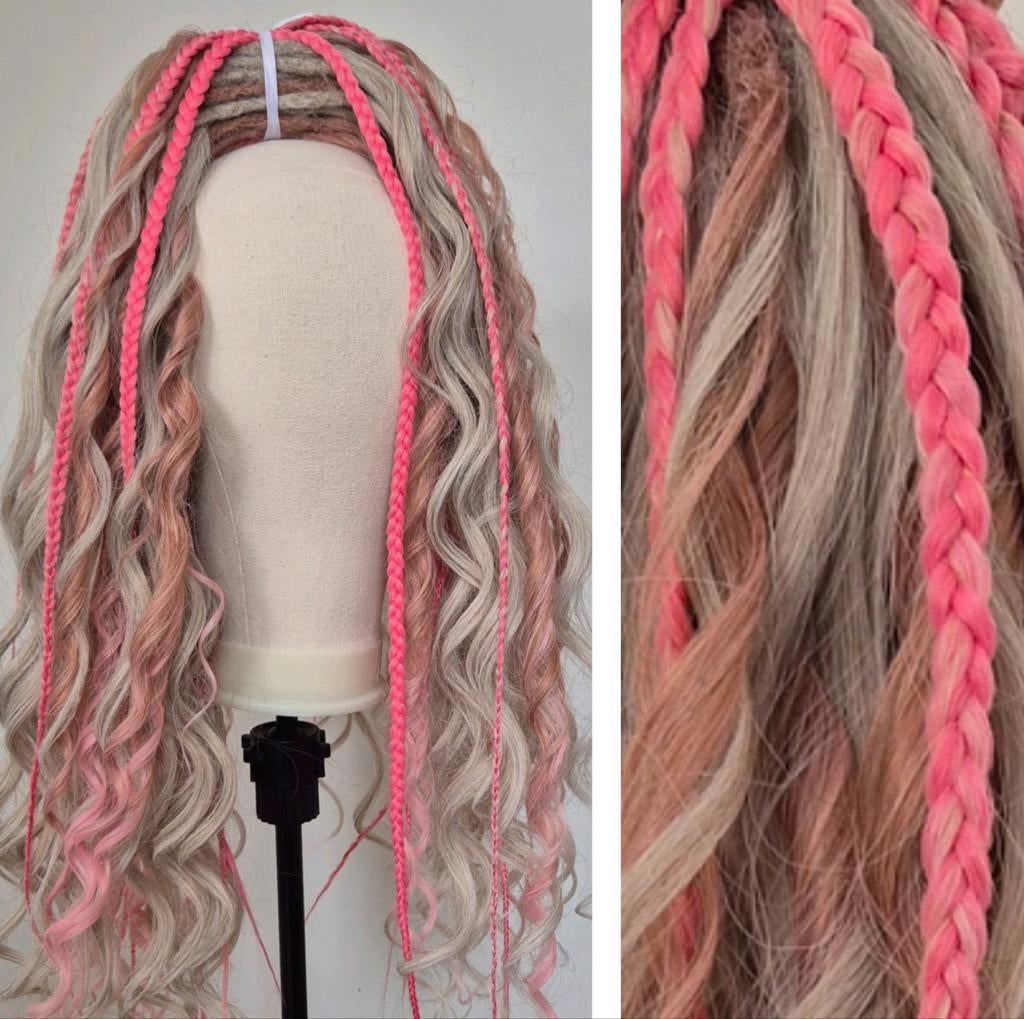 60DE Dreadlocks krullen vlechten - Roze/Blond set dreads, Ophalen of Verzenden, Zo goed als nieuw, Pruik of Haarverlenging