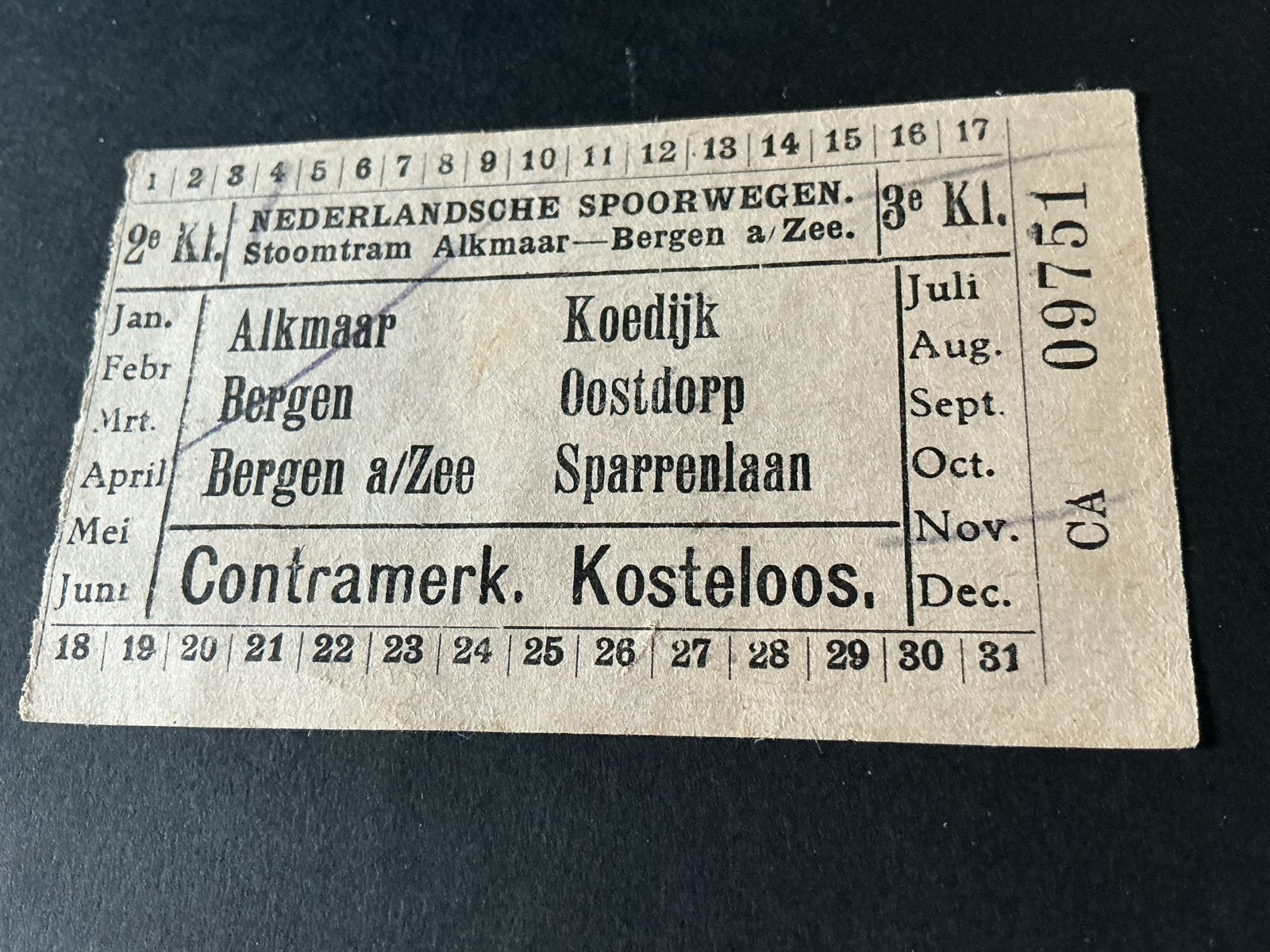 Oud Stoomtramkaartje Alkmaar-Bergen a/Zee 2e 3e Kl., Verzenden, Gebruikt, Tram