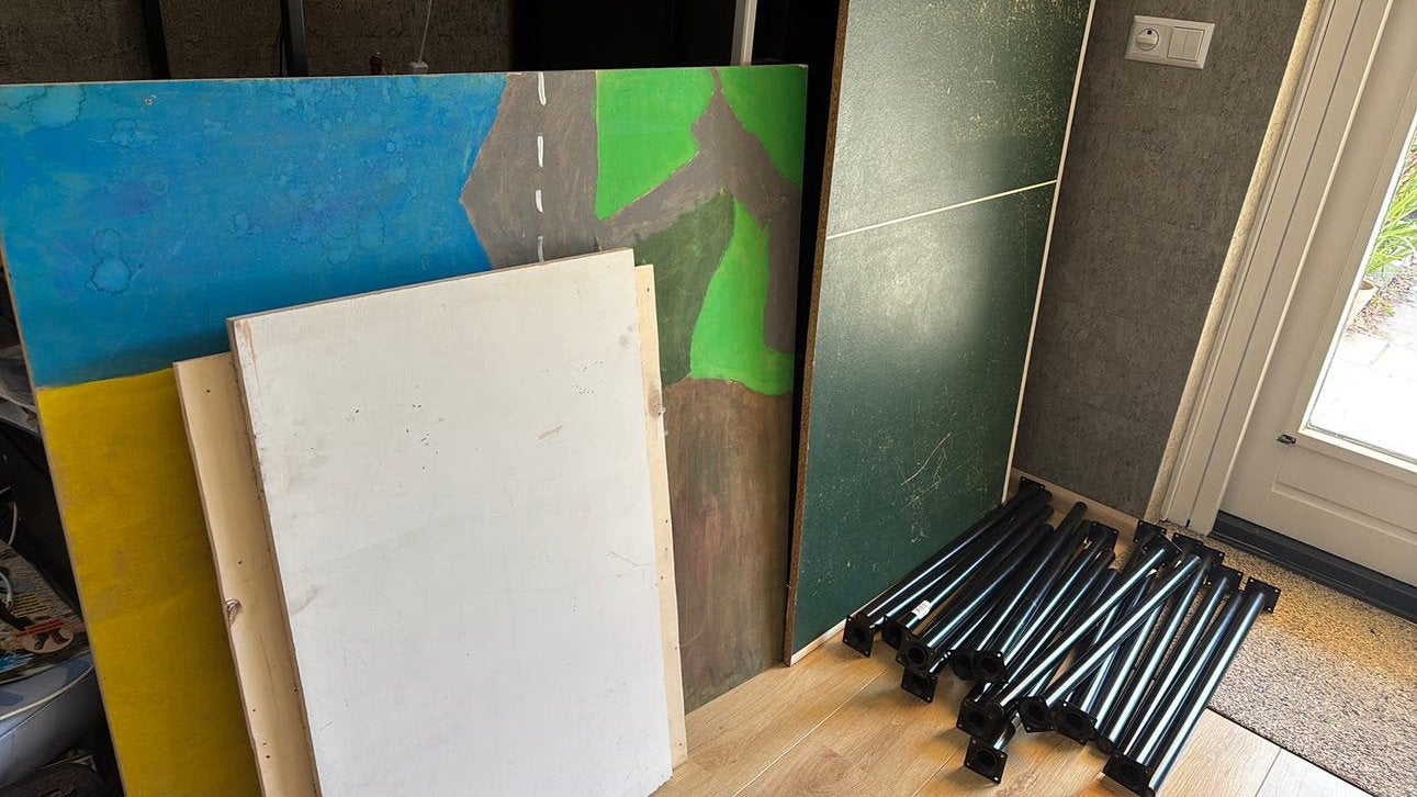 Gratis diverse tafelbladen met 21 Duraline tafelpoten, Huis en Inrichting, Tafelonderdelen, Gebruikt, 50 tot 100 cm, Rechthoekig