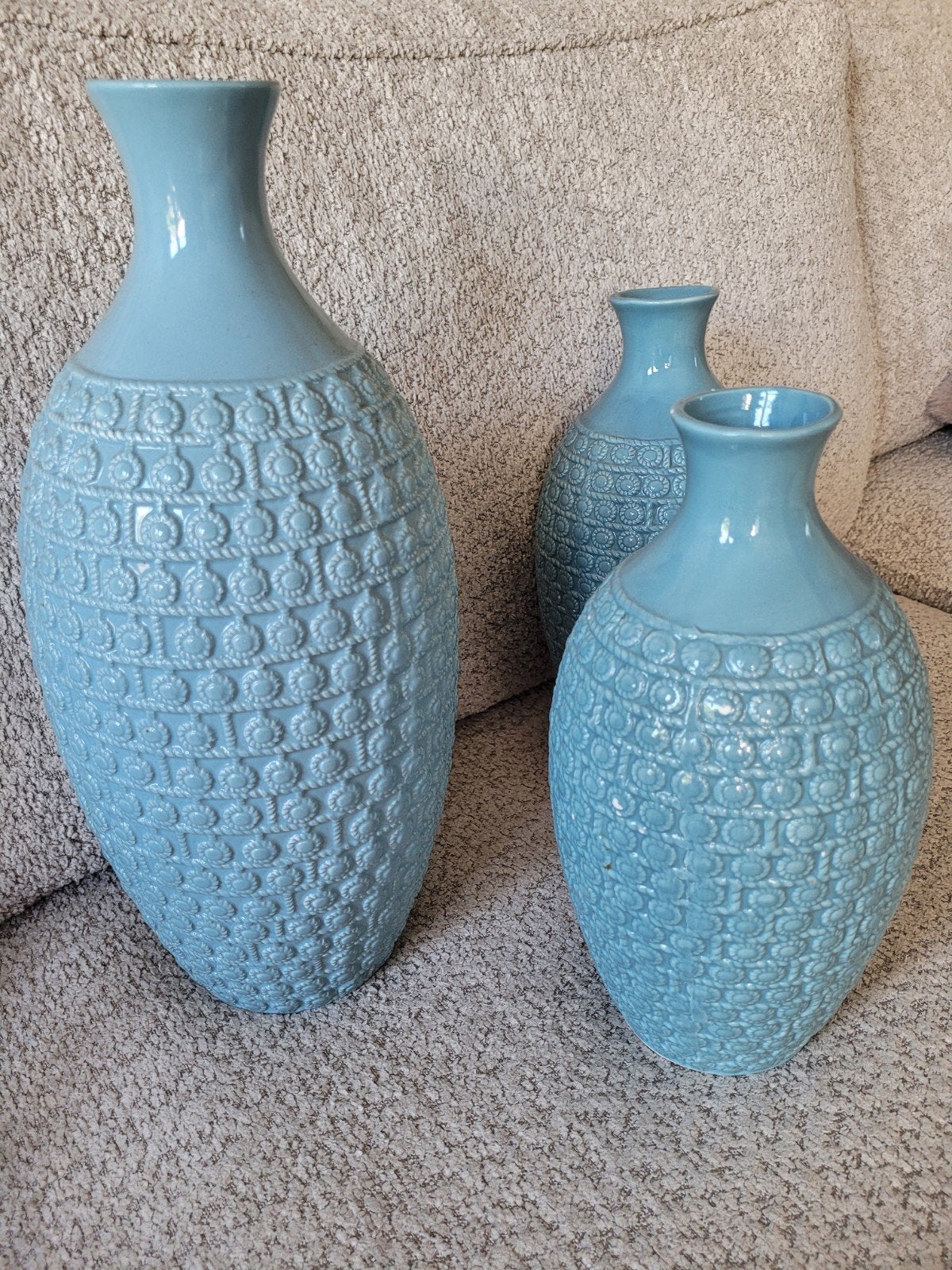 3 blauwe decoratie vazen, Ophalen, Blauw, 39 cm