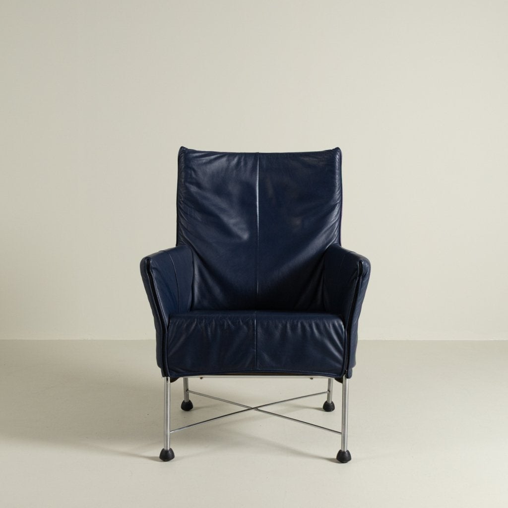 Montis Charly Fauteuil Blauw Leer - Aluminium (Op Doppen), Niet ingevuld, Zo goed als nieuw, Niet ingevuld, Niet ingevuld