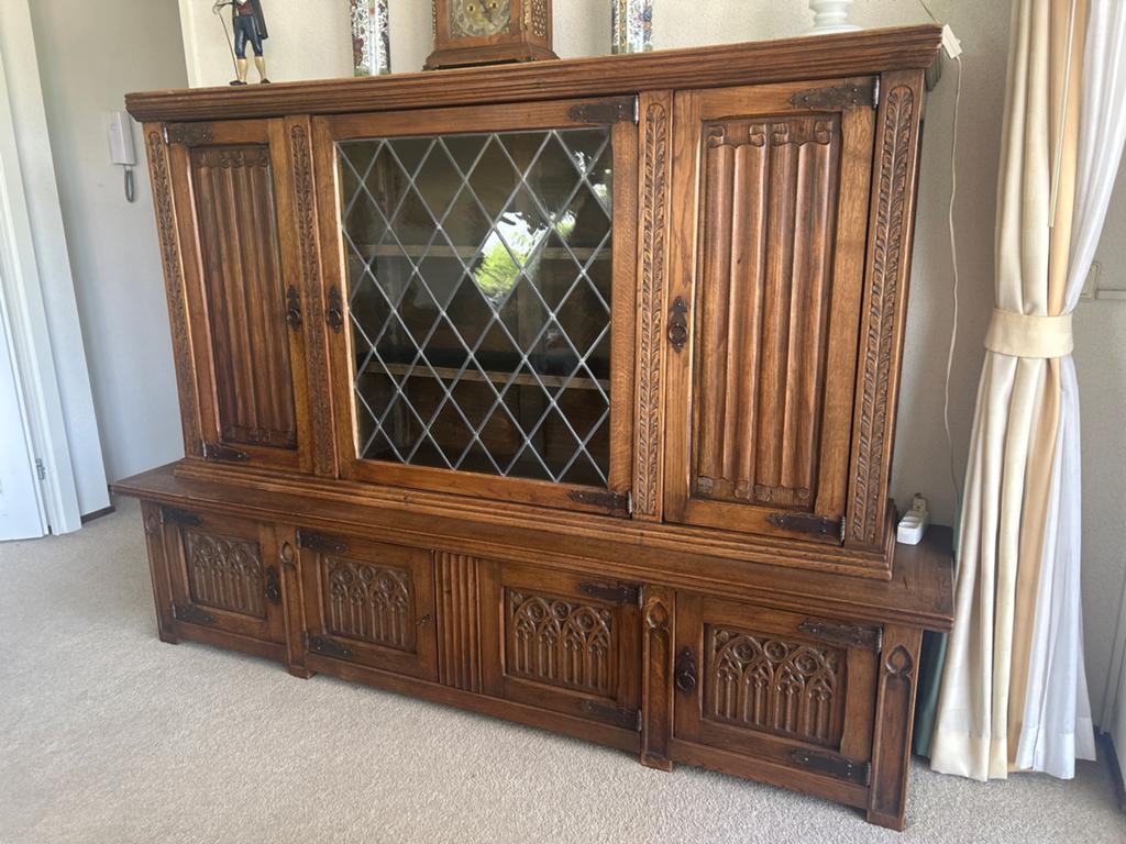 Antieke Eiken Buffetkast met Glas-in-lood, Ophalen, Gebruikt, 200 cm of meer, Eikenhout