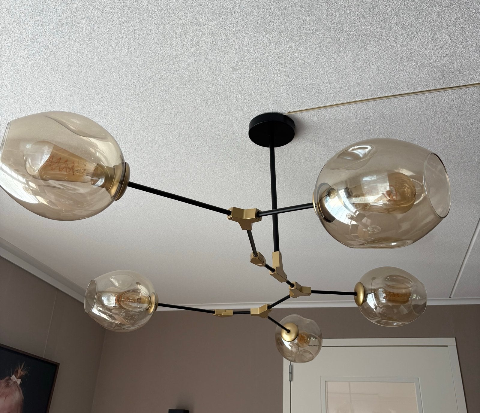 Prachtige Plafondlamp 5 Oker Glazen Bubbles - Modern Design, Ophalen, Zo goed als nieuw, Glas, Minder dan 50 cm